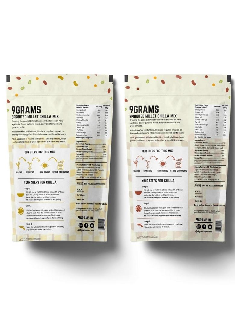 9Grams Sprouted Multi Millet And Moong Instant Chilla Dosa Mix Combo, Protein And Fibre Rich, Healthy Breakfast Or Snack For Kids & Whole Family, With Carrot & Beetroot, 2X200G