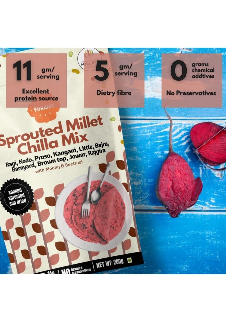 9Grams Sprouted Multi Millet And Moong Instant Chilla Dosa Mix Combo, Protein And Fibre Rich, Healthy Breakfast Or Snack For Kids & Whole Family, With Carrot & Beetroot, 2X200G