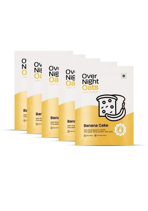 Overnight Oats High Protein, Refined Sugar Free, Diced Banana, Chia Seeds, Whey Protein & More (Banana Cake, 15Grams Protein, Pack Of 5)