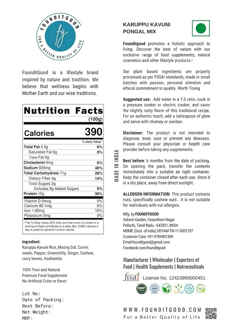 Founditgood Karuppu Kavuni Rice Pongal Mix – Supports Weight Management, Heart & Metabolic Health – Antioxidant-Rich Ready-To-Cook Gluten-Free Black Rice