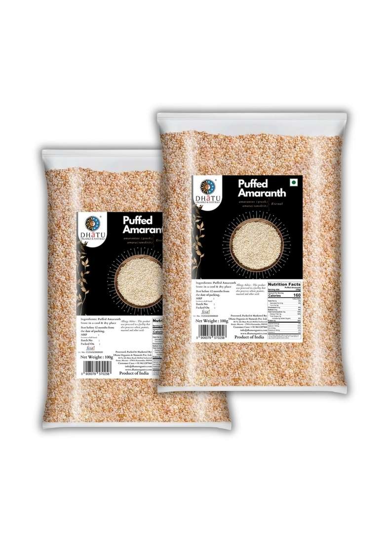 Dhatu Organics Puffed Amaranth, 100G, (Pack Of 2) | Gluten Free Rajgira | Puffed Amaranth Seeds For Eating - Indya
