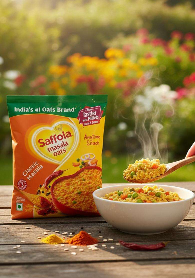 Saffola Masala Oats|38G| Classic Masala | Tasty, Anytime Snack | Ready In 3 Mins | Millets Goodness- With Bajra & Jowar | No Maida , No Added Preservatives | Helps Manage Weight - Indya