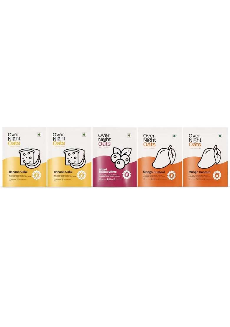 Overnight Oats 15Gm High Protein, Refined Sugar-Free, With Dices Banana, Mango, Vanilla, Chia Seeds, Whey Protein & More| (Fruity Fiesta, 15Grams Protein, Pack Of 5) - Indya