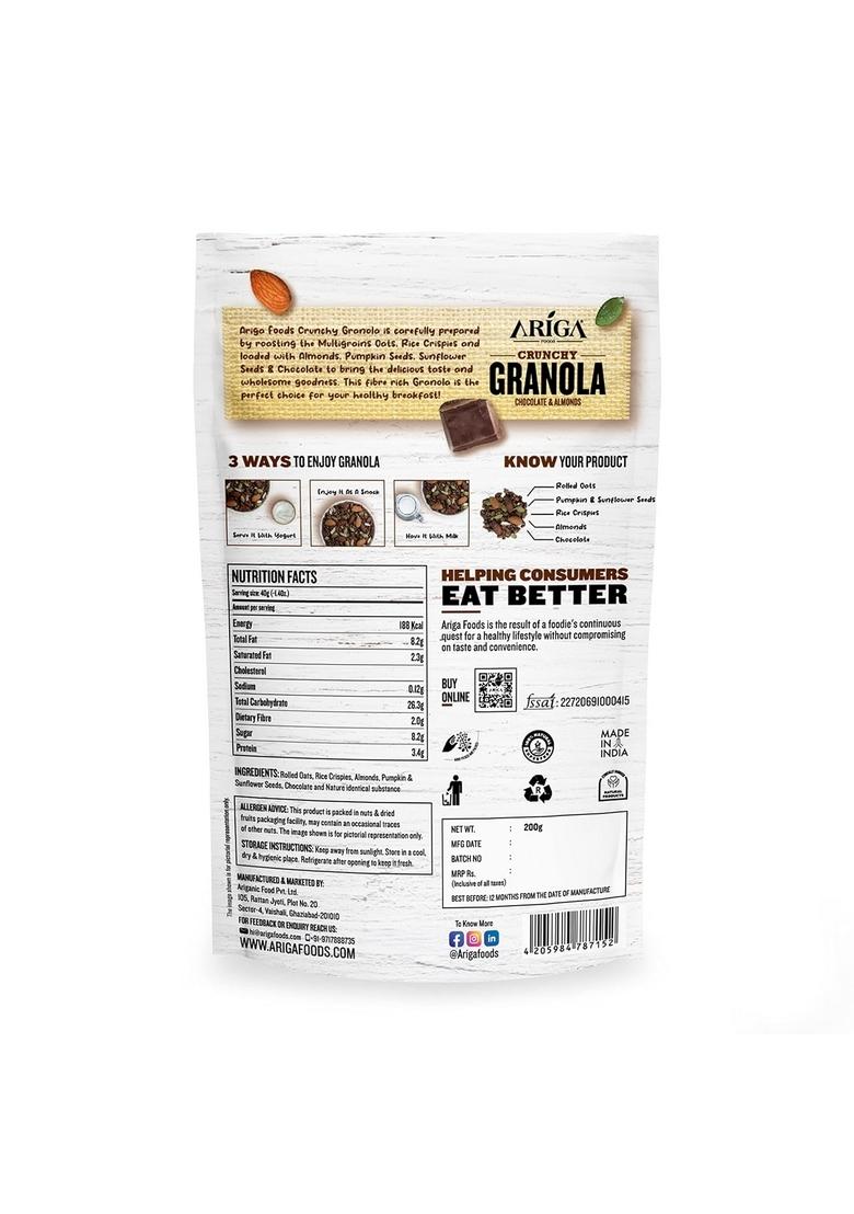 Ariga Foods Crunchy Granola Chocolate & Almonds Value Pack(200G) | Cereals For Breakfast | Multigrain Food 20% Nuts & Seeds | Healthy & Nutritious | Vitamins & Minerals Rich | Healthy Rich Diet Food