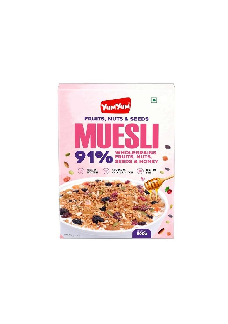 Yum Yum Muesli 91% With Fruits, Nuts & Seeds, Wholegrains & Honey 500G |7-In-1 Power Breakfast| Wholegrain Breakfast Cereal