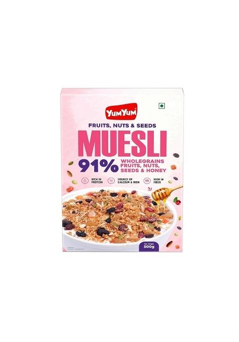 Yum Yum Muesli 91% With Fruits, Nuts & Seeds, Wholegrains & Honey 500G |7-In-1 Power Breakfast| Wholegrain Breakfast Cereal