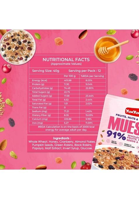 Yum Yum Muesli 91% With Fruits, Nuts & Seeds, Wholegrains & Honey 500G |7-In-1 Power Breakfast| Wholegrain Breakfast Cereal