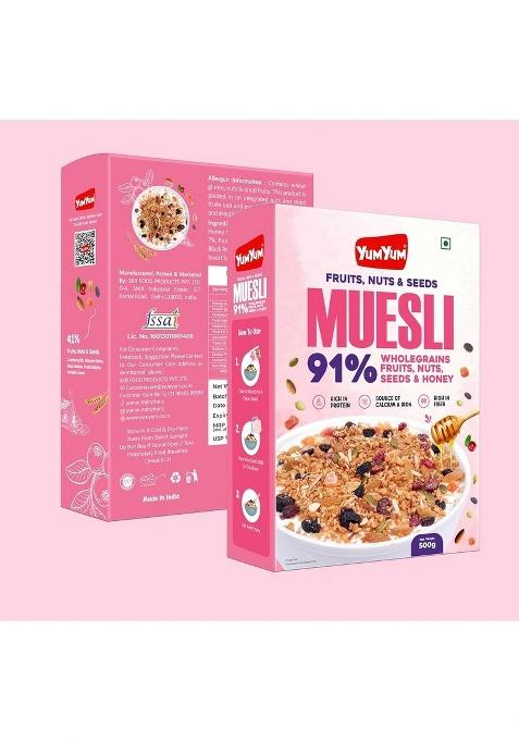 Yum Yum Muesli 91% With Fruits, Nuts & Seeds, Wholegrains & Honey 500G |7-In-1 Power Breakfast| Wholegrain Breakfast Cereal