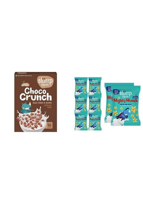 Slurrp Farm Choco Crunch Chocolate Cerealfor Kids | 400 G & Slurrp Farm Healthy Snacks For Kids | Mighty Puff Cheese & Herbs| 8X 20G Each