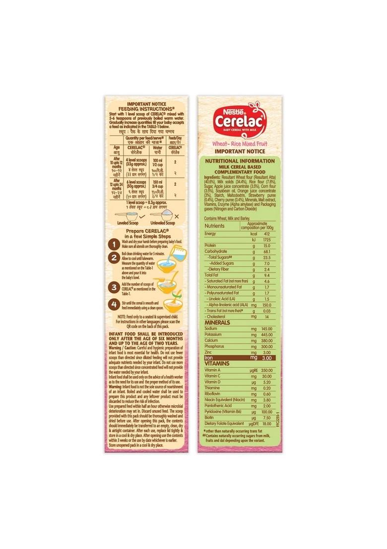 Cerelac Baby Food Cereal | Wheat Rice Mixed Fruit For 10 To 24 Months Baby | Source Of Iron & Protein | Instant Cereal | 600G (Pack Of 2)