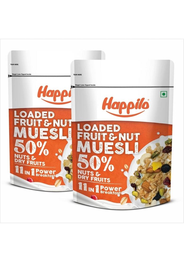 Happilo Loaded Fruit & Nuts Muesli 400G, Healthy Food For Breakfast, 50% Dried Fruits & Nuts, 4 Whole Grains, Prebiotics Fiber, Naturally Cholesterol Free, No Added Sugar (Pack Of 2)