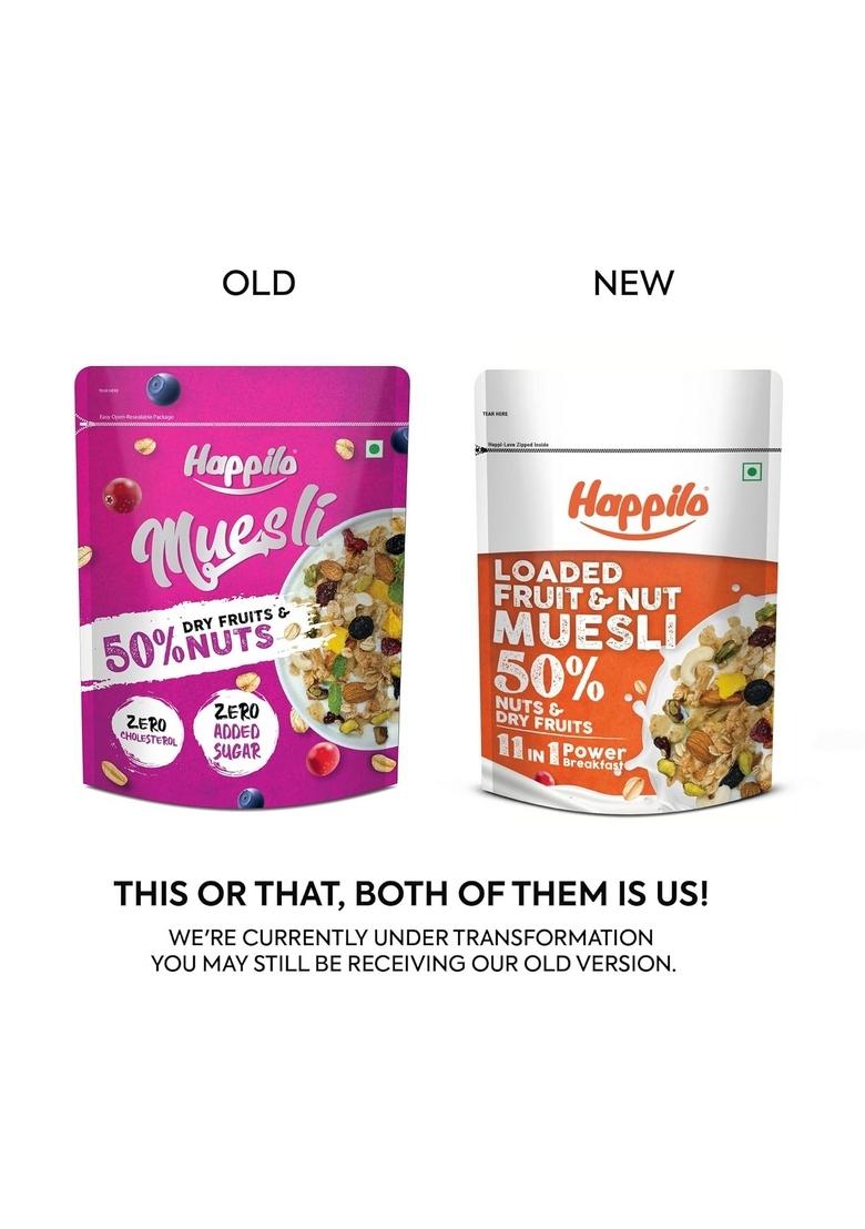 Happilo Loaded Fruit & Nuts Muesli 400G, Healthy Food For Breakfast, 50% Dried Fruits & Nuts, 4 Whole Grains, Prebiotics Fiber, Naturally Cholesterol Free, No Added Sugar (Pack Of 2)