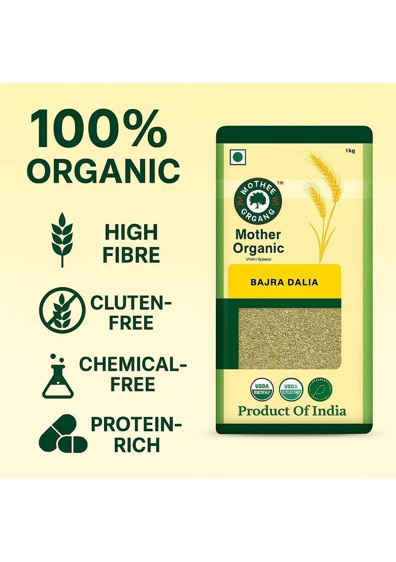 Mother Organic Bajra Dalia | 100% Certified Organic Pearl Millet Cracked Grain | No Pesticides, No Chemicals | Gluten-Free, High Fibre & Protein-Rich Breakfast Cereal | Product Of India (500 Gram) - Indya