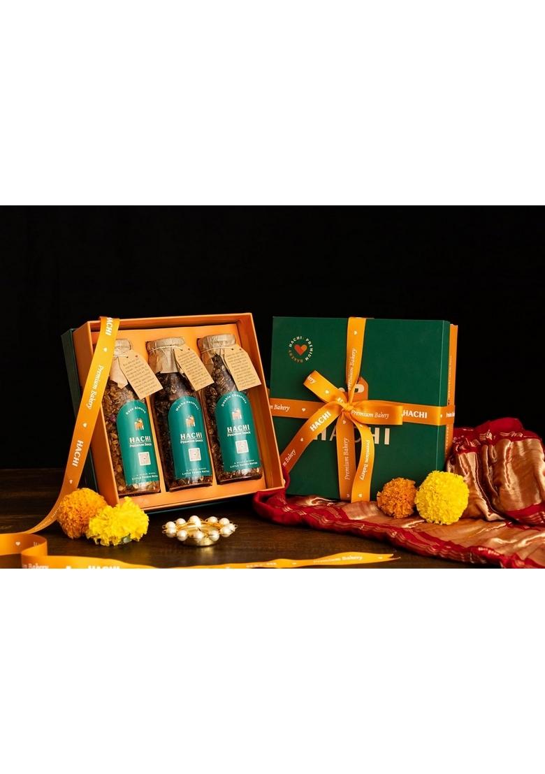 Hachi Granola Gift Box | Signature Gift Box For Rakhi | Rose Almond, Orange Hazelnut Dark Chocolate & Double Chocolate | Wholesome Snack Rakshabandhan Gift | Pack Of 3 | 150G Each