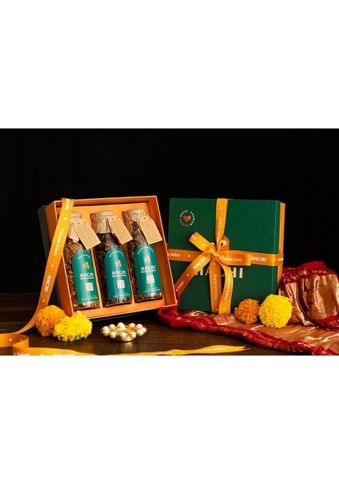 Hachi Granola Gift Box | Signature Gift Box For Rakhi | Rose Almond, Orange Hazelnut Dark Chocolate & Double Chocolate | Wholesome Snack Rakshabandhan Gift | Pack Of 3 | 150G Each