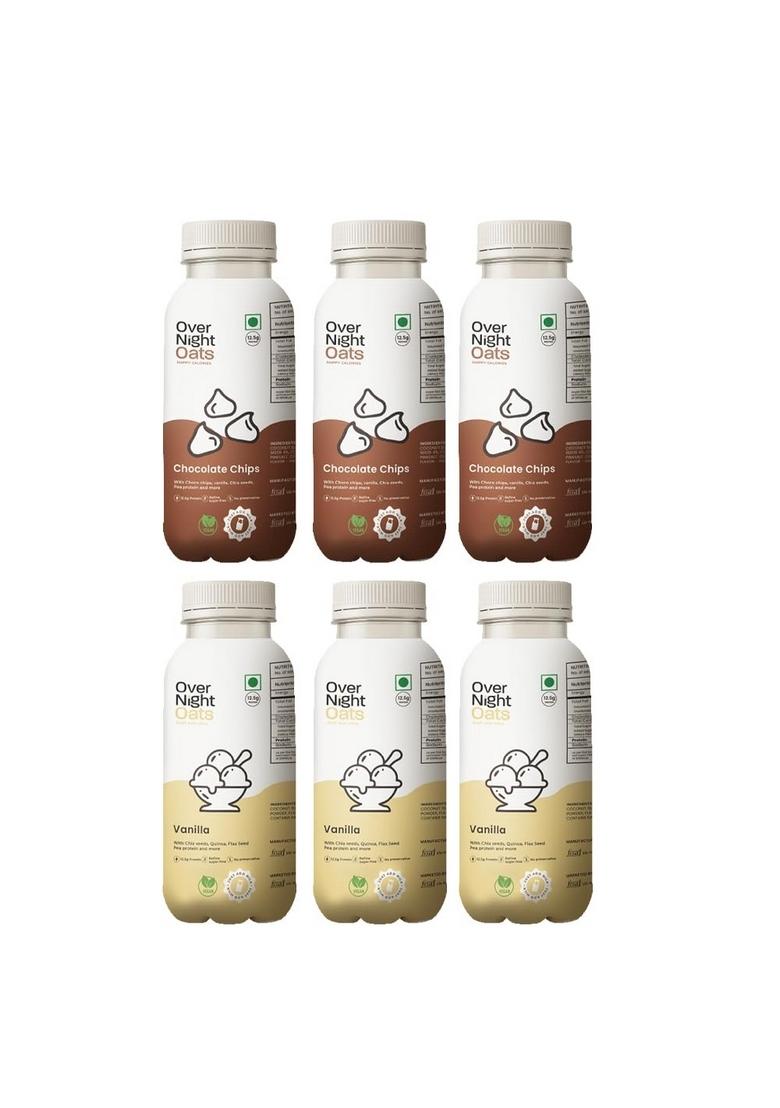 Overnight Oats With Vegan Protein | High Protein Oats Breakfast With Dietary Fibre | Just Add Milk | Ready In Minutes | No Preservatives | 3 Chocolate Chips + 3 Vanilla (Pack Of 6, 50G Each)