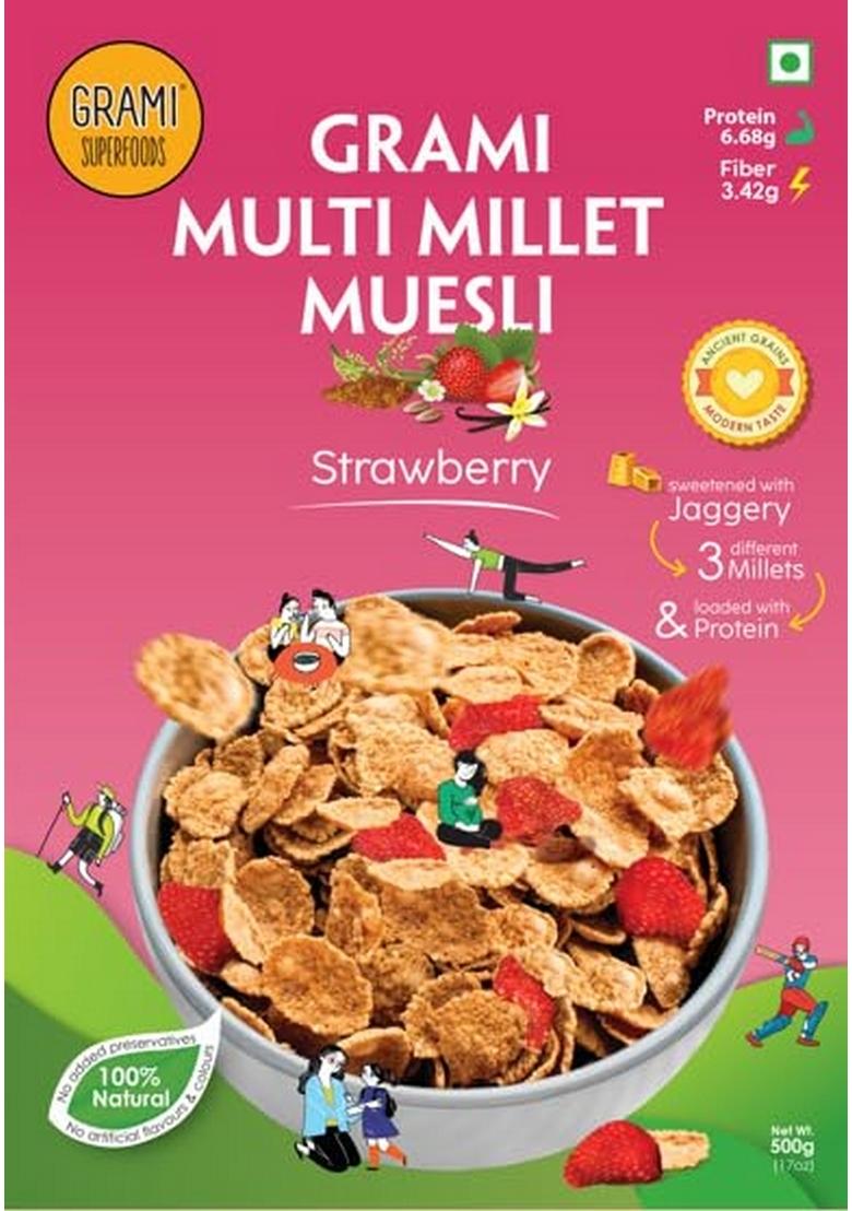 Gram Multi-Milk Cereal Strawberry Muesli 500 Gm | Flavour Breakfast Cereal Strawberry High Protein & Added Real Dried Fruits