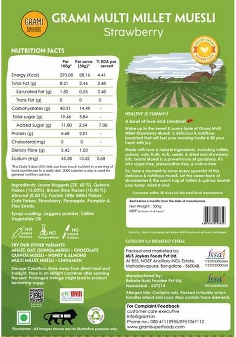 Gram Multi-Milk Cereal Strawberry Muesli 500 Gm | Flavour Breakfast Cereal Strawberry High Protein & Added Real Dried Fruits