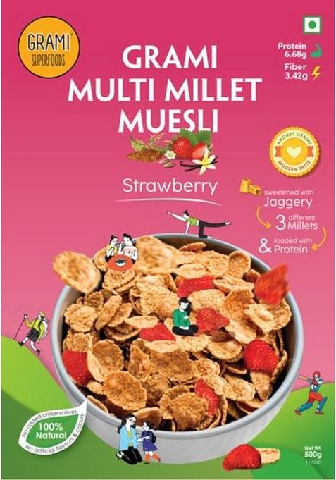 Gram Multi-Milk Cereal Strawberry Muesli 500 Gm | Flavour Breakfast Cereal Strawberry High Protein & Added Real Dried Fruits