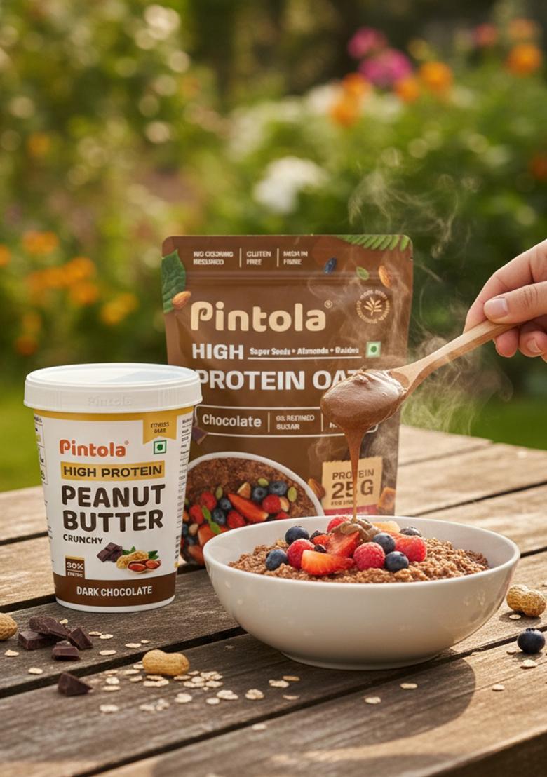 Pintola High-Protein Combo: Dark Chocolate Crunchy Peanut Butter 510G & 25G High Protein Dark Chocolate Oats 400G | No Refined Sugar, Gluten-Free | With Almonds, Raisins, Pumpkin & Chia Seeds