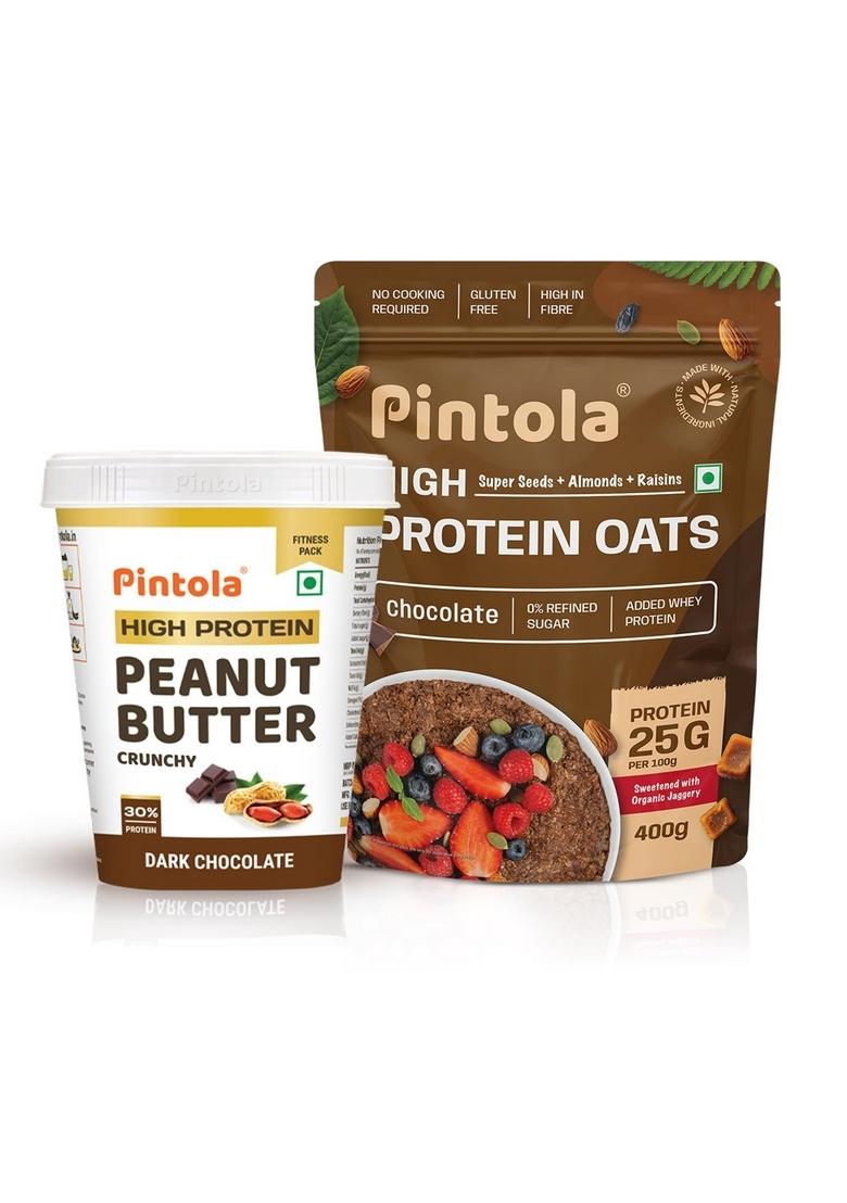 Pintola High-Protein Combo: Dark Chocolate Crunchy Peanut Butter 510G & 25G High Protein Dark Chocolate Oats 400G | No Refined Sugar, Gluten-Free | With Almonds, Raisins, Pumpkin & Chia Seeds