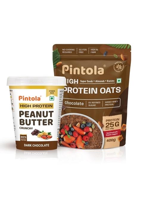 Pintola High-Protein Combo: Dark Chocolate Crunchy Peanut Butter 510G & 25G High Protein Dark Chocolate Oats 400G | No Refined Sugar, Gluten-Free | With Almonds, Raisins, Pumpkin & Chia Seeds