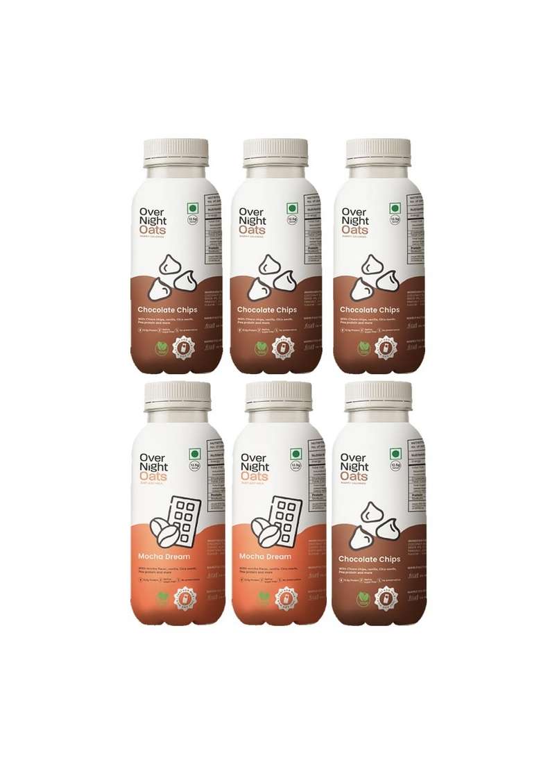 Overnight Oats With Vegan Protein | High Protein Oats Breakfast With Dietary Fibre | Just Add Milk | Ready In Minutes | No Preservatives | 4 Chocolate Chips + 2 Mocha (Pack Of 6, 50G Each) - Indya