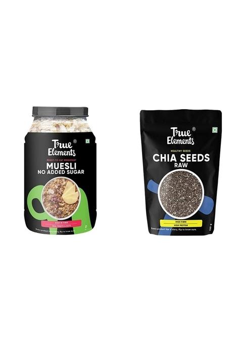 True Elements Muesli No Added Sugar 1Kg - Sugar Free | With 26% Millets | 100% Wholegrain | Breakfast Cereal | Diet Food & True Elements Chia Seeds 150G