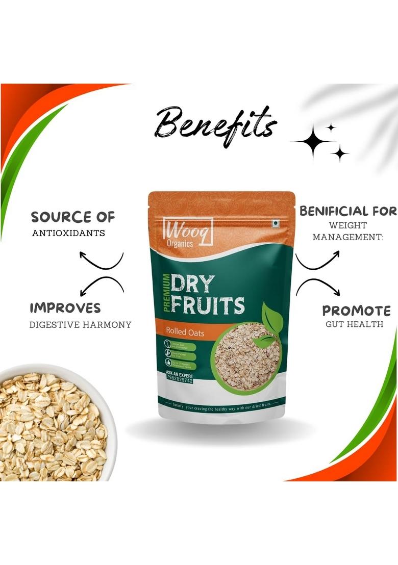 Wooq Organics Organic Rolled Oats 1Kg- Rolled Oats, Whole Grain, Breakfast Cereal, 1Kg, (500G X 2 Packs)