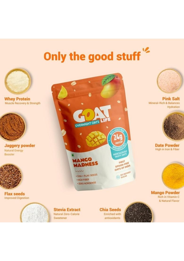 Goat Life Overnight Oats 2.1Kg (Pack Of 30) | High Protein (24G & 17G) | No Sugar | Gluten-Free | Natural Breakfast Cereal | Ideal For Weight Management | Spoonfree Oatmeal