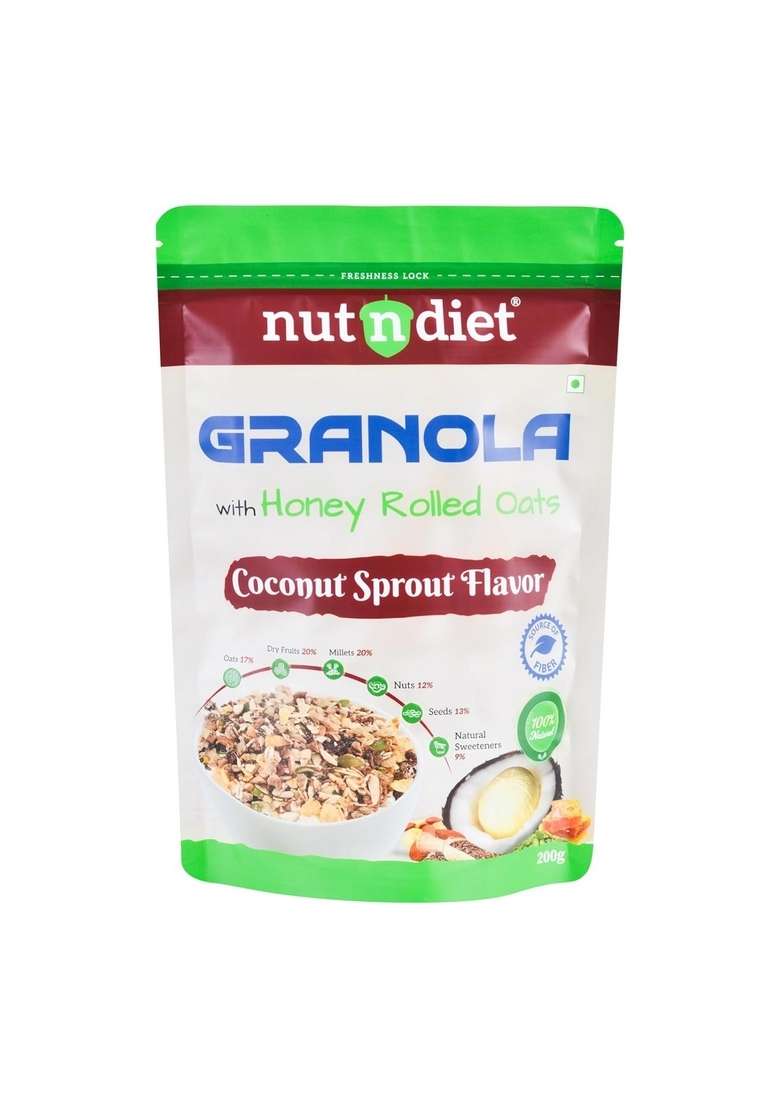 Nutndiet® World’S First Coconut Sprout Granola | Honey Rolled Oats, Millets, Dry Fruits, Nuts & Seeds | 100% Natural, No Refined Sugar | Clean-Label Healthy Breakfast Cereal & Snack (200G) - Indya