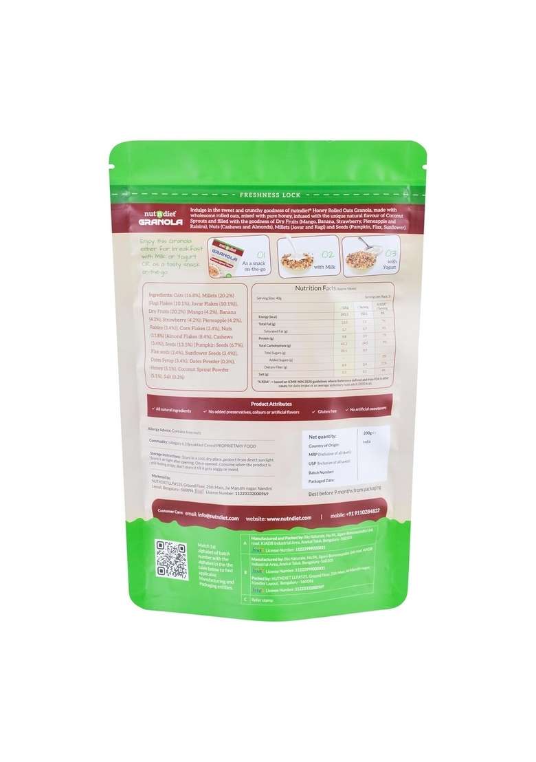 Nutndiet® World’S First Coconut Sprout Granola | Honey Rolled Oats, Millets, Dry Fruits, Nuts & Seeds | 100% Natural, No Refined Sugar | Clean-Label Healthy Breakfast Cereal & Snack (200G) - Indya