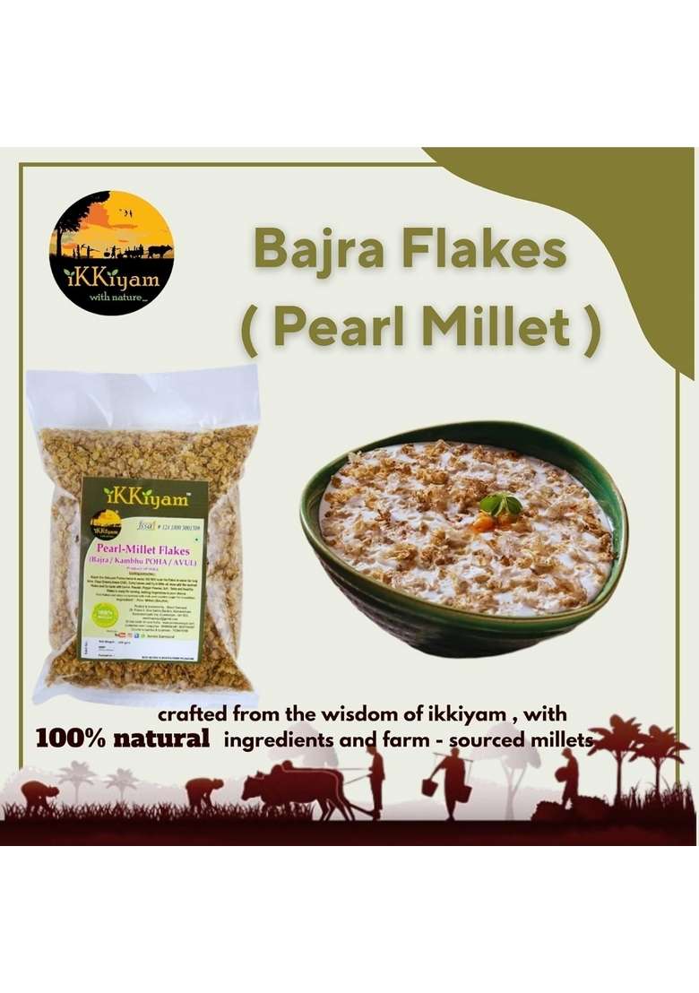 Ikkiyam Bajra Flakes (Avul) | Whole Millet Poha | Gluten-Free, High In Iron & Nutrients | Unflavoured, Oats Alternative | 1Kg Pack - Indya