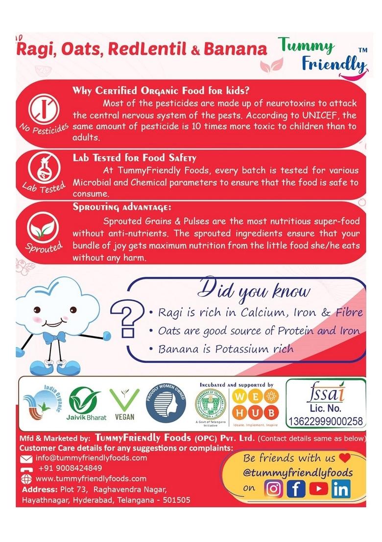 Tummyfriendly Foods Certified Organic Sprouted Ragi, Oats, Red Lentil, Banana And Organic Oats Green Moong Spinach Porridge Mix | Sprouted Ragi Powder For Little Ones | 200G, 2 Packs