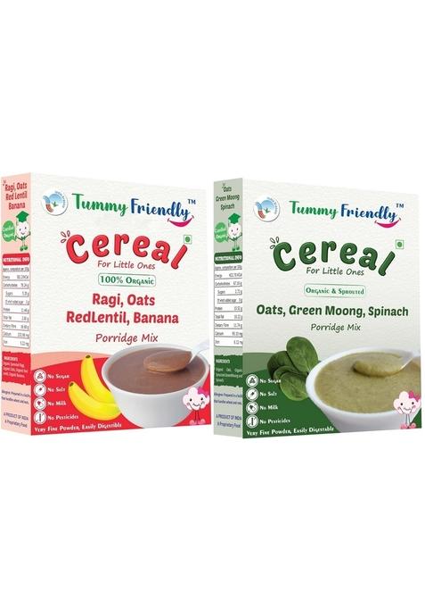 Tummyfriendly Foods Certified Organic Sprouted Ragi, Oats, Red Lentil, Banana And Organic Oats Green Moong Spinach Porridge Mix | Sprouted Ragi Powder For Little Ones | 200G, 2 Packs