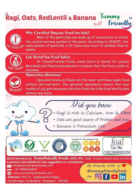 Tummyfriendly Foods Certified Organic Sprouted Ragi, Oats, Red Lentil, Banana And Organic Oats Green Moong Spinach Porridge Mix | Sprouted Ragi Powder For Little Ones | 200G, 2 Packs