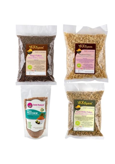 Ikkiyam Combo Of Bajra Jowar And Ragi Flakes 250G Each With Natural Palm Sugar 200G | Organic Finger Millet Ragi Flakes And Miracle Millet | Healthy Gluten-Free Breakfast Cereal For Adults And Children | Preservative And Cholesterol Free