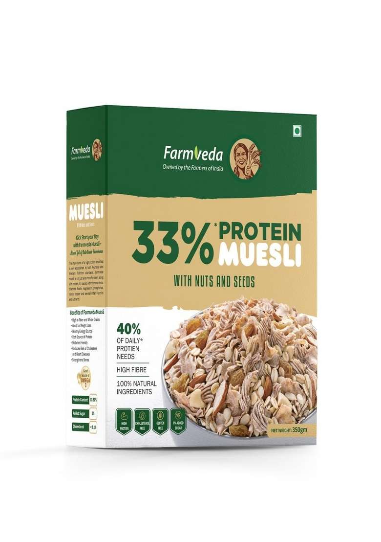 Farmveda Muesli With Nuts & Seeds | High Protein | 100% Natural & Gluten-Free | No Added Sugar | High Fibre & Omega-3 | Healthy Breakfast Cereal – 350G - Indya
