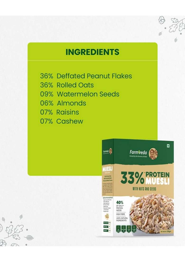 Farmveda Muesli With Nuts & Seeds | High Protein | 100% Natural & Gluten-Free | No Added Sugar | High Fibre & Omega-3 | Healthy Breakfast Cereal – 350G - Indya