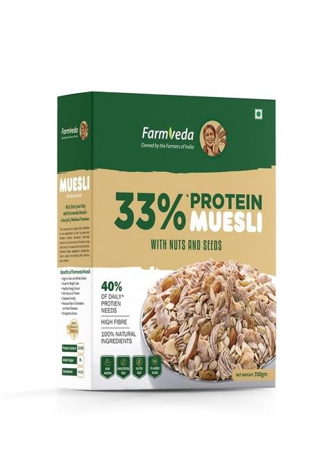Farmveda Muesli With Nuts & Seeds | High Protein | 100% Natural & Gluten-Free | No Added Sugar | High Fibre & Omega-3 | Healthy Breakfast Cereal – 350G