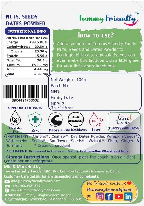 Tummyfriendly Foods Premium Nuts, Seeds And Dates Powder | Dry Fruit Powderr For Baby Kids | Organic Dry Nuts Powder For Babies Kids And Adults | No Hidden Sugar | No Preservatives | 200G, 2 Packs