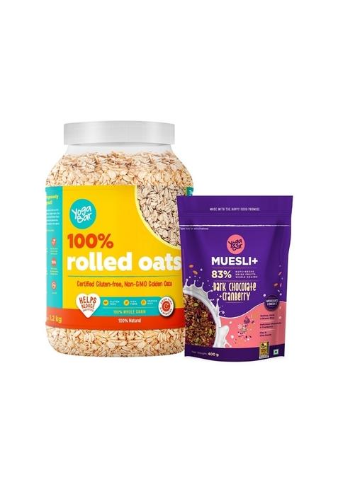 Yogabar 100% Rolled Oats And Wholegrain Breakfast Muesli - Dark Chocolate And Cranberry Combo | Nuts & Seeds, Dried Fruits, 83% Nuts+Seeds Dried Fruits Whole Grains | Gluten Free Oats, Non Gmo