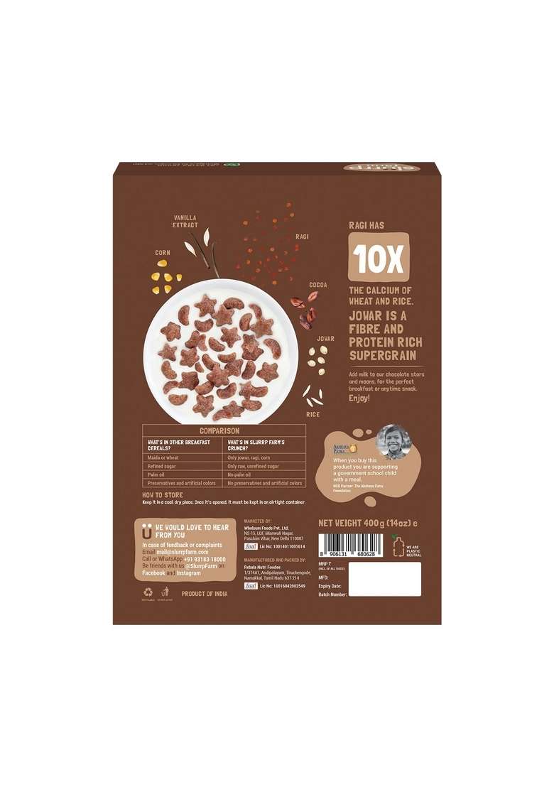 Slurrp Farm Choco Crunch Chocolate Cereal | No Maida Refined Sugar Added Colour Ragi Stars And Moons Healthy Breakfast For Kids 400 G Natural Jaggery Powder 300 - Indya