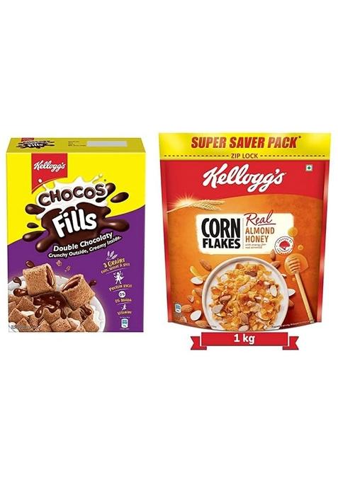 Kellogg'S Chocos Fills Double Chocolaty, Multigrain, Protein B Vitamins, 0% Maida 250G + Corn Flakes Real Almond Honey, Breakfast Cereals, Iron & Vitamin B1,B2,B3,B6 & C, Naturally Cholesterol Free1Kg