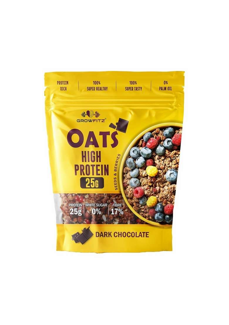 Growfitz 25G High Protein Oats 800 Gram | Chocolate Flavor Breakfast Oatmeal | 17G High Fiber, Almonds, Raisin, Pumpkin, Chia Seeds, Super Rolled Oats | Healthy Fats, No Added Sugar (Pack Of 1) - Indya