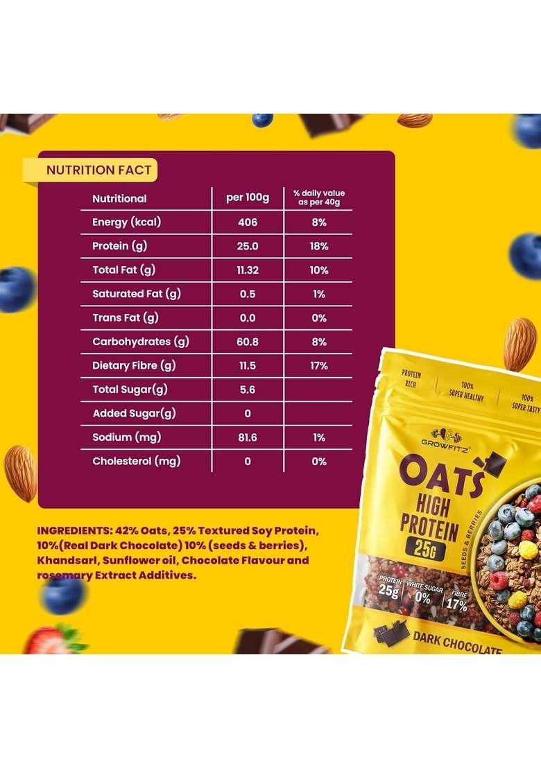 Growfitz 25G High Protein Oats 800 Gram | Chocolate Flavor Breakfast Oatmeal | 17G High Fiber, Almonds, Raisin, Pumpkin, Chia Seeds, Super Rolled Oats | Healthy Fats, No Added Sugar (Pack Of 1) - Indya