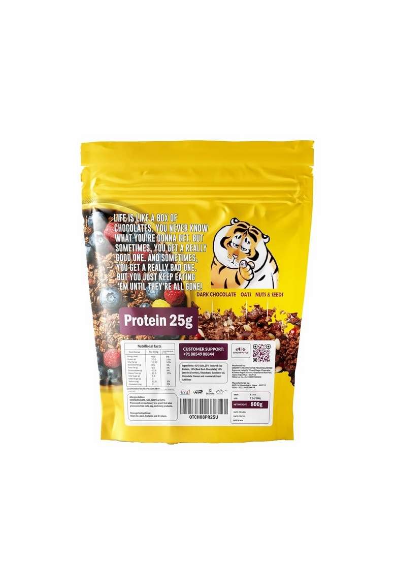 Growfitz 25G High Protein Oats 800 Gram | Chocolate Flavor Breakfast Oatmeal | 17G High Fiber, Almonds, Raisin, Pumpkin, Chia Seeds, Super Rolled Oats | Healthy Fats, No Added Sugar (Pack Of 1) - Indya