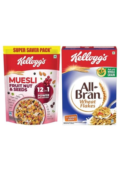 Kellogg'S Muesli 21% Fruit & Nut,750G + All Bran Wheat Flakes, High In Protein & Vitamin B1,B2,B3 And B6, Low Fat, Source Of Vitamin B12 And Folate,425G High In Iron, Fibre, Naturally Cholesterol Free