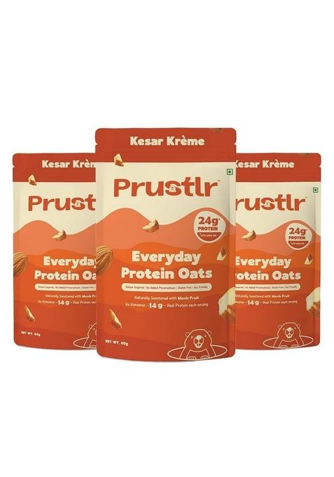 Prustlr Kreme Kesar Everyday Protein Oats | 24G Plant Protein | High-Protein Breakfast | Gluten-Free, Vegan, Guilt-Free | No Added Preservatives | Healthy Morning Meal | Pack Of 3