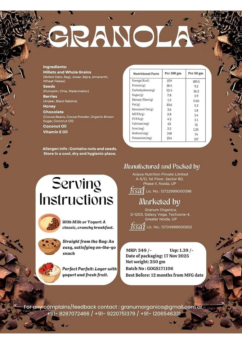 Granum Organica Superfood Chocolate Granola, 250G, Natural Cocoa With Wholegrains, Seeds, Berries, No White Sugar, No Palm Oil, High Protein Breakfast Cereal